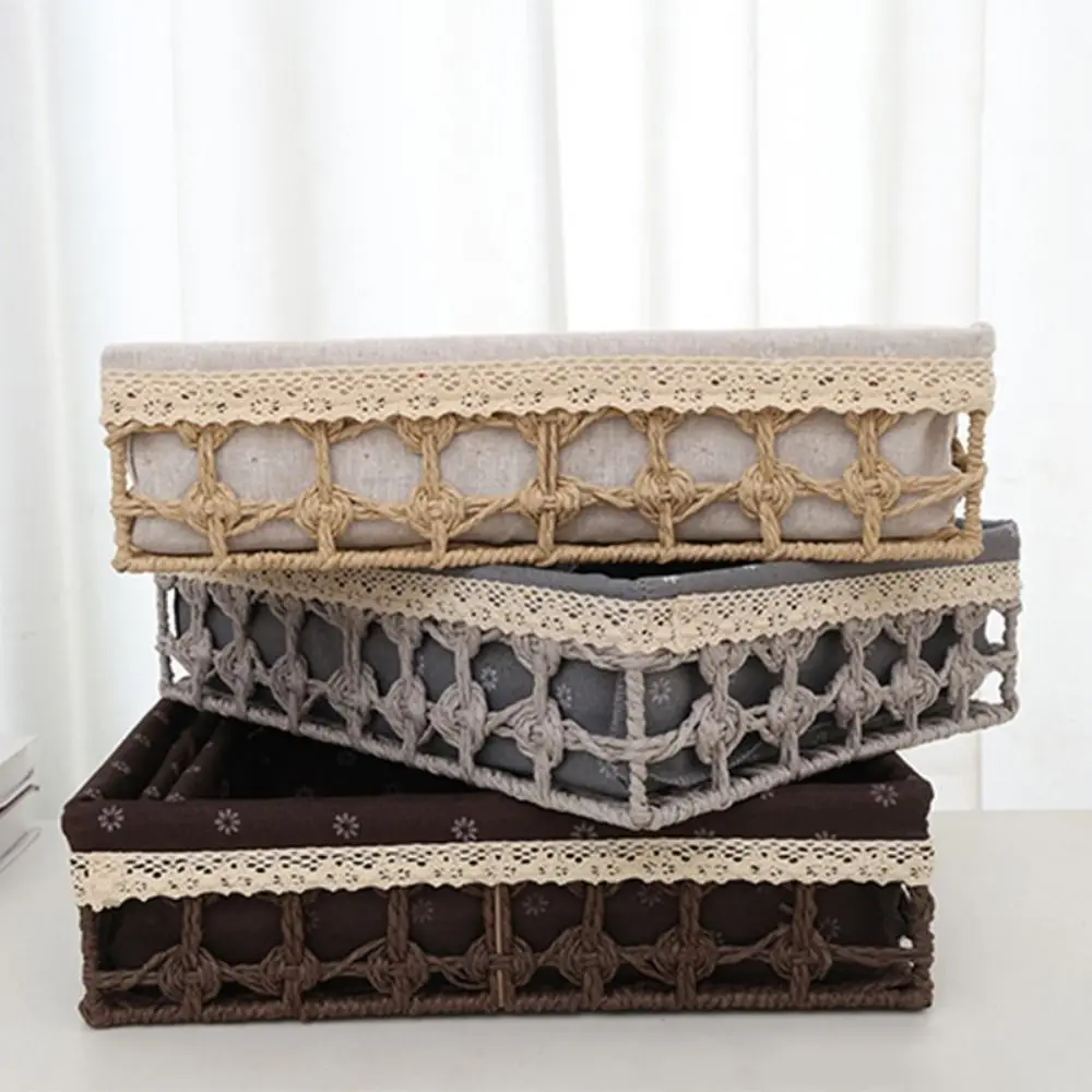 

Hand Woven Desktop Weaving Basket Hollow Out Rectangular Cosmetics Organizer Tray Stylish Bohemia Tabletop Fruit Container