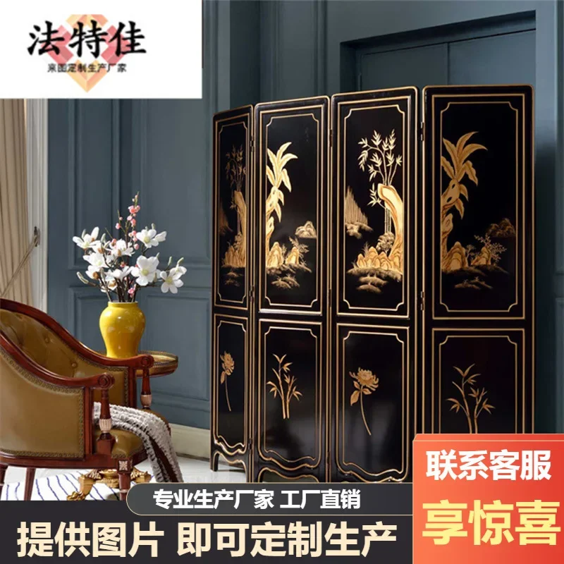 Luxury British style living room furniture, purely hand-painted partition British solid wood four-fold screen