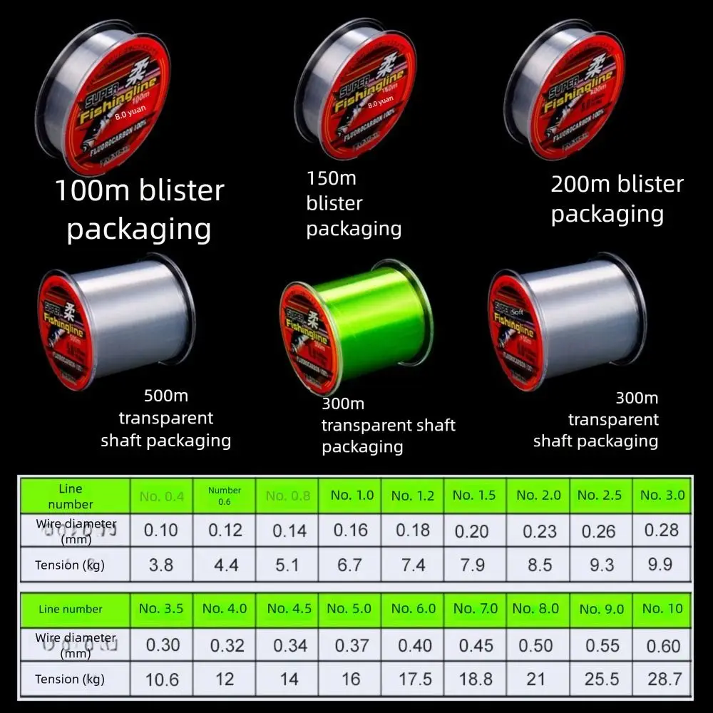 0.4-9.0 Fluorocarbon Coating Nylon Line 300M Invisible Fishing Monofilament Line Fast Sinking Soft Freshwater Fishing Line