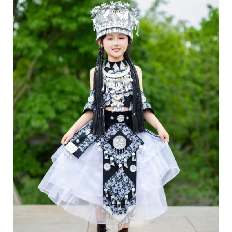 Children Miao Performance Costume Ethnic Minority Costume Girl Dance Performance Dress Tujia Children Strapless Skirt Belt ZI990