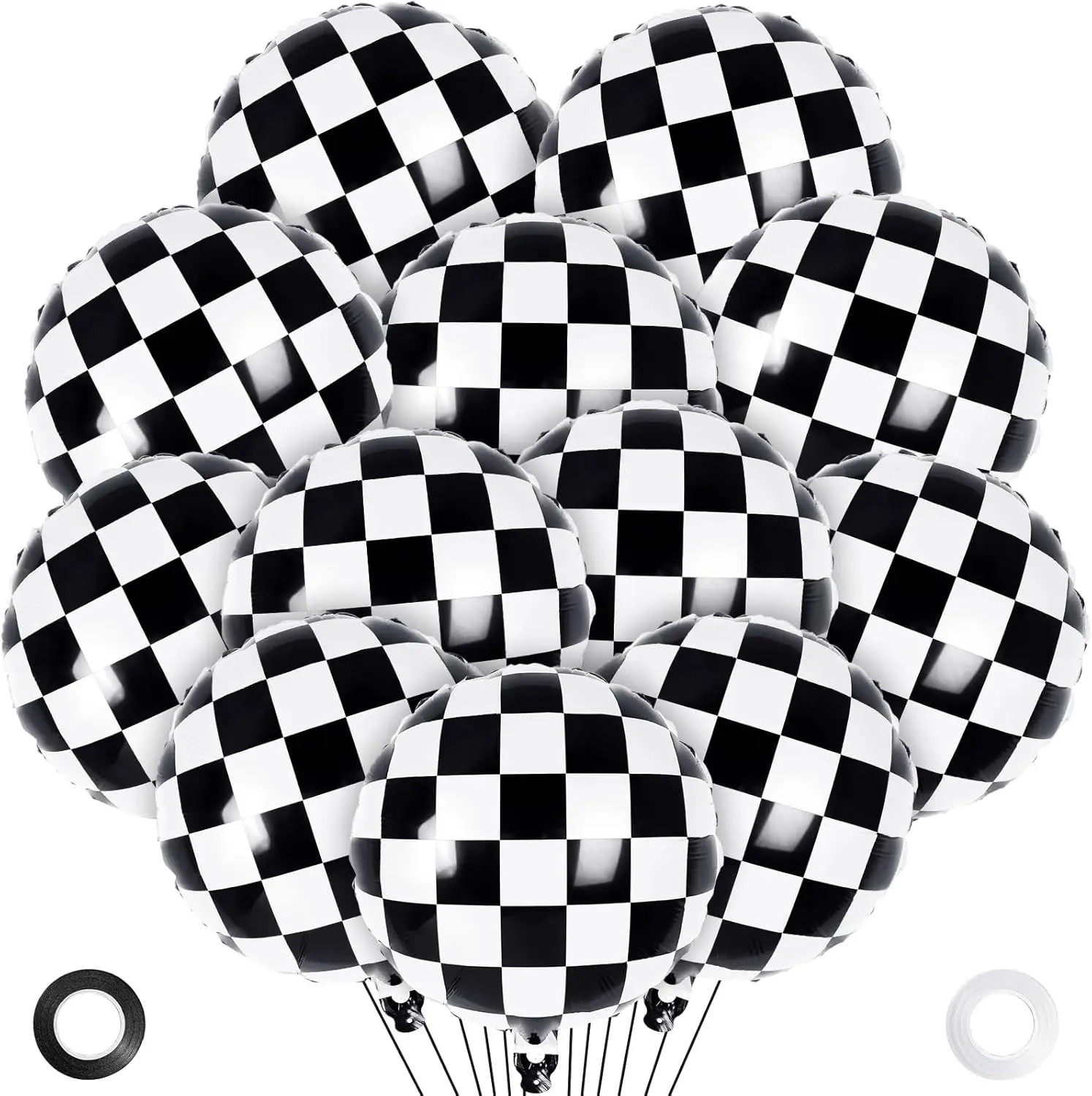 12 Stück 18 Zoll Schwarz-Weiß Karierte Rennfolienballons, Ballons für Rennwagen-Geburtstagsfeier Dekorationen