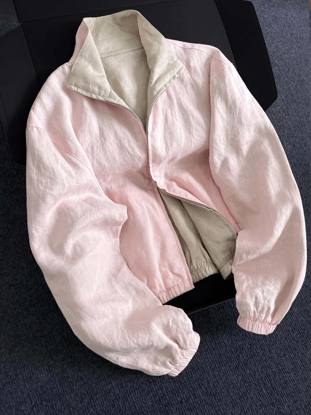 Pink Lazy Zipper Stand Collar Jacket Women's Loose Casual Top Double Sided Wear Design Autumn New Style Old Money Style