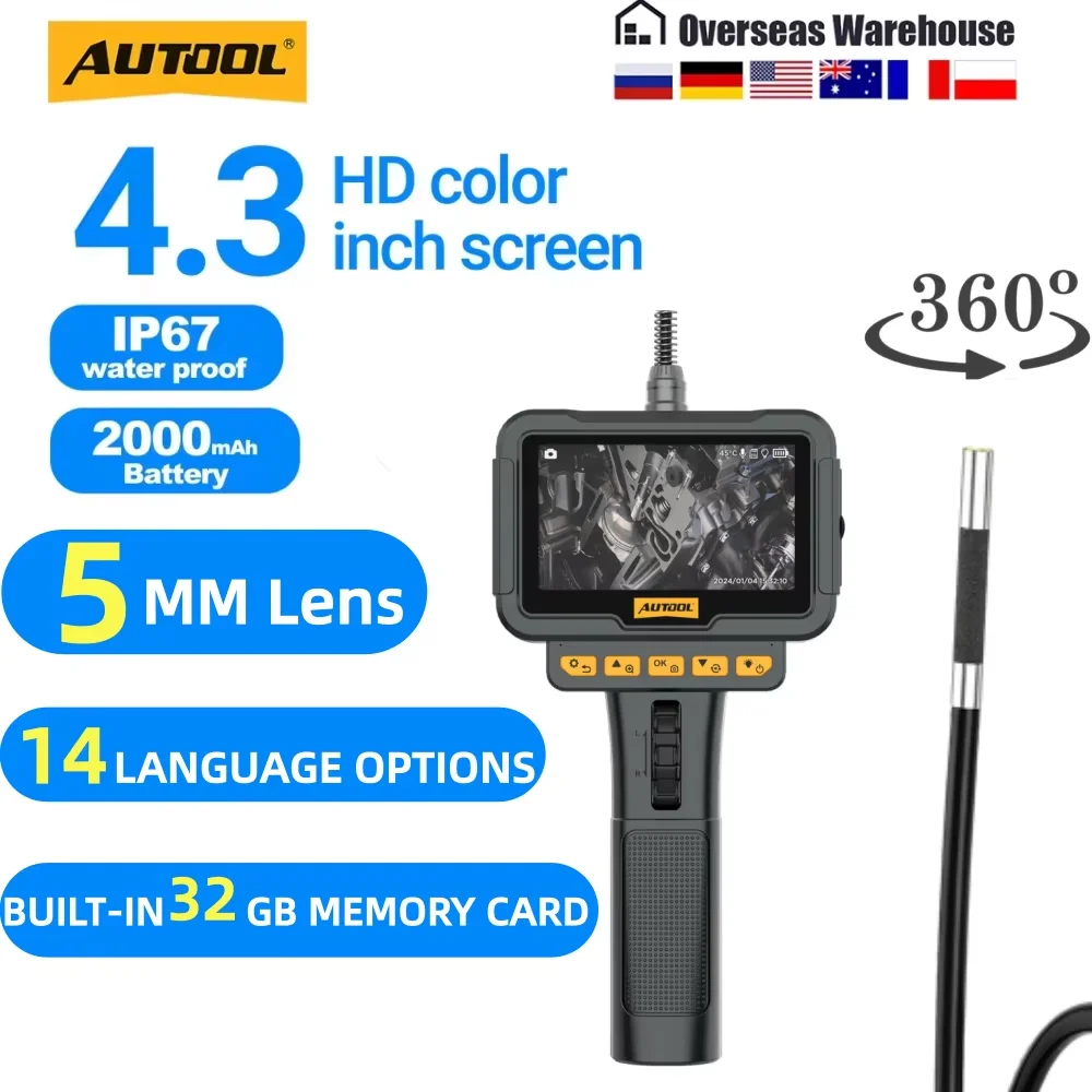 AUTOOL 5MM Car Pipe Camera Video Articulating Borescope 1920*1080 HD Steering Borescope Camera With 32GB Card SVB305