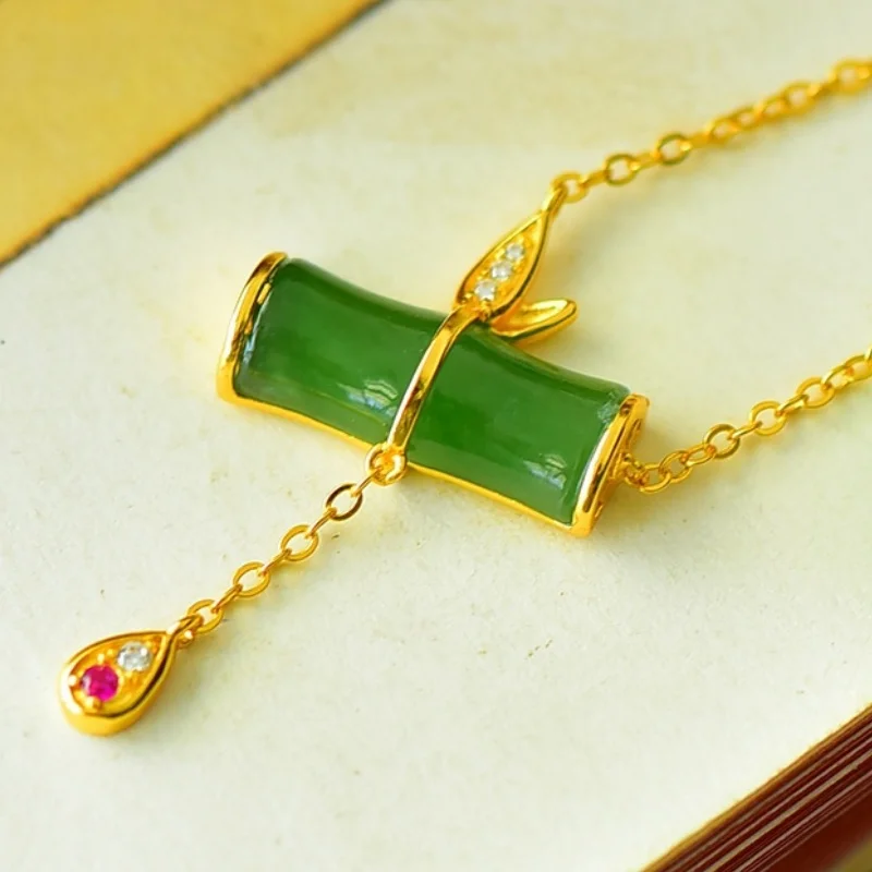 SGARIT Authentic Jadeite Hetian Jade S925 Silver 19*28mm Bamboo Node Collarbone Necklace Symbolizes Safety Continuous Growth