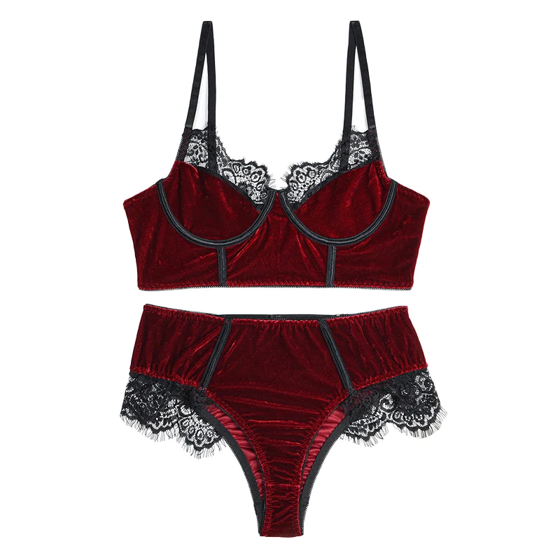 Sexy Lace Underwear Uncensored Women Wine Red Velvet Porn Bra and Thong Sensual Lingerie Outfits Erotic Sets Stitching Intimate