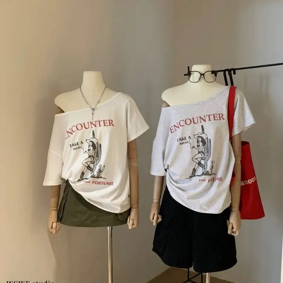 

2025 Summer new spicy girl temperament versatile loose casual sloping shoulder one shoulder striped T-shirt women's top