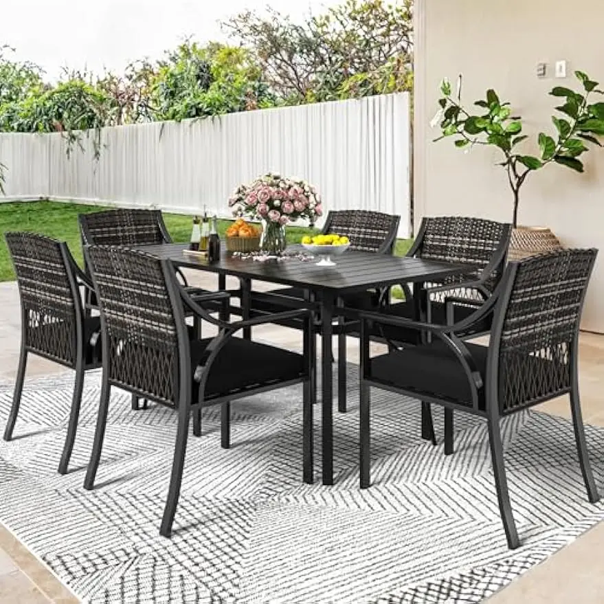 7 Piece Patio Dining Set, Outdoor Patio Wicker Conversation Furniture Set with Umbrella Hole and All Iron Frame for Lawn Garden