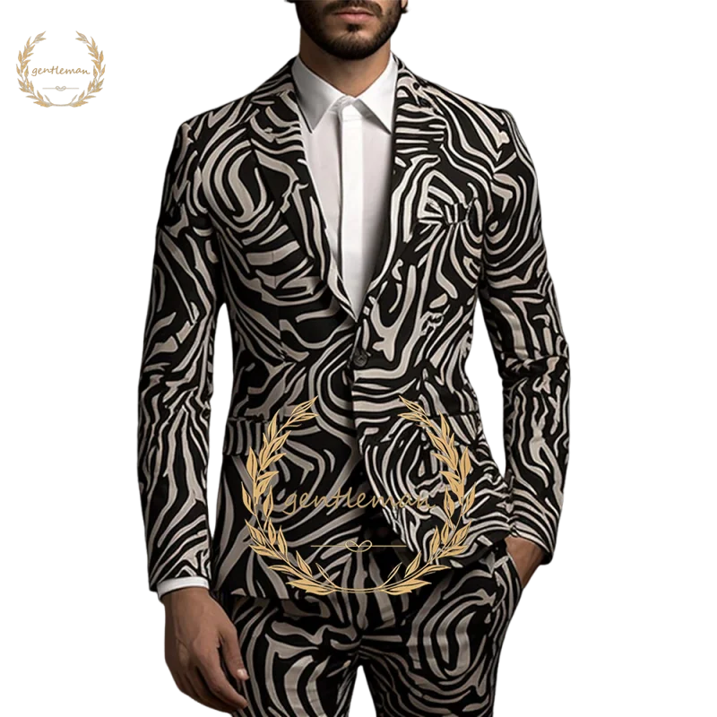 Terno masculino com estampa de zebra, botão único, lapela plana, 2 peças, festa de casamento personalizada, coquetel, noivo/boniro, moda slim