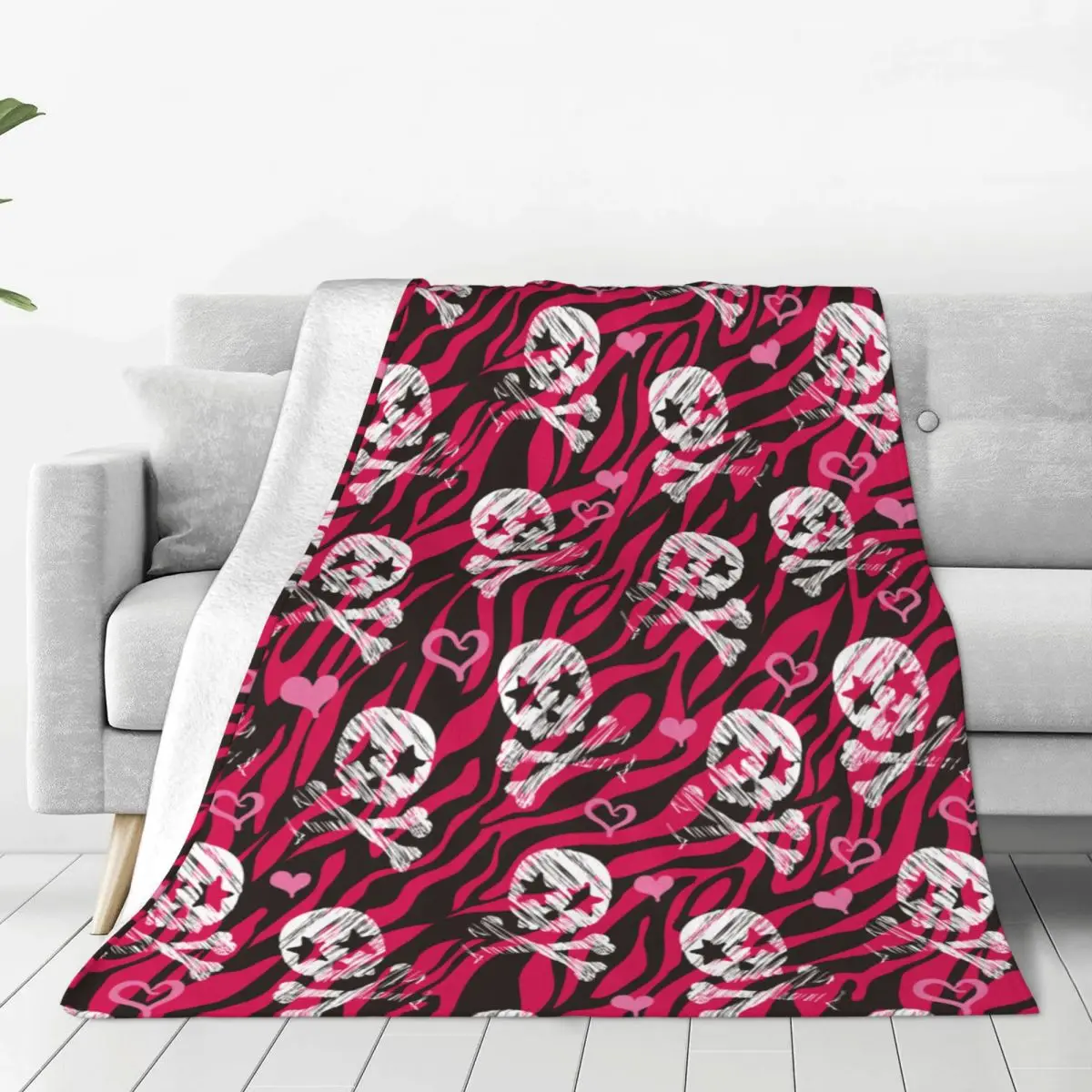 

Grunge Zebra Star Skull Print Blankets Flannel Warm Throw Blankets for Airplane Travel Bed Rug