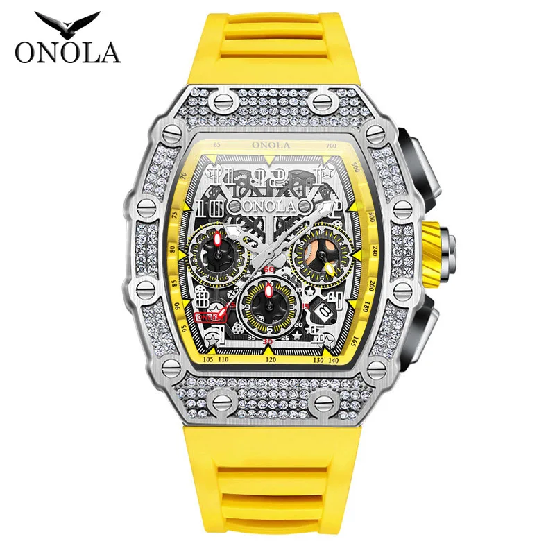 ONOLA Fashion Automatic Watch For Mens Luxury Ice Diamond Waterproof Luminous Auto Date Sport Silicone Strap Machinery Man Clock