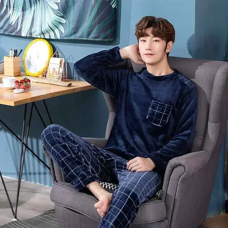 2023 Winter Long Sleeve Thick Warm Flannel Pajama Sets for Men Cute Cartoon Coral Velvet Sleepwear Pyjamas Homewear Home Clothes