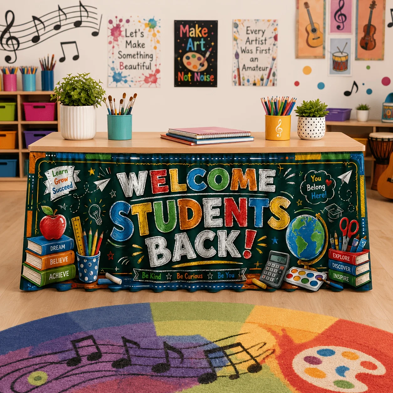 Party table skirt 1 piece, back-to-school themed chalkboard printed table skirt, suitable for campus events