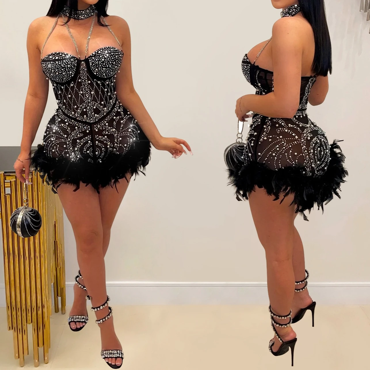 Sexy Bodysuit Women Jumpsuits Rompers Woman Clothes Diamonds 1 Piece Set Playsuit Mesh See Though Feather Female Clothing HXY262