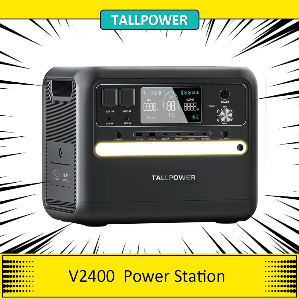 Central eléctrica portátil TALLPOWER V2400, generador solar LiFePo4 de 2160 Wh, salida CA de 2400 W 50/60 Hz, UPS, 13 salidas, pantalla LCD