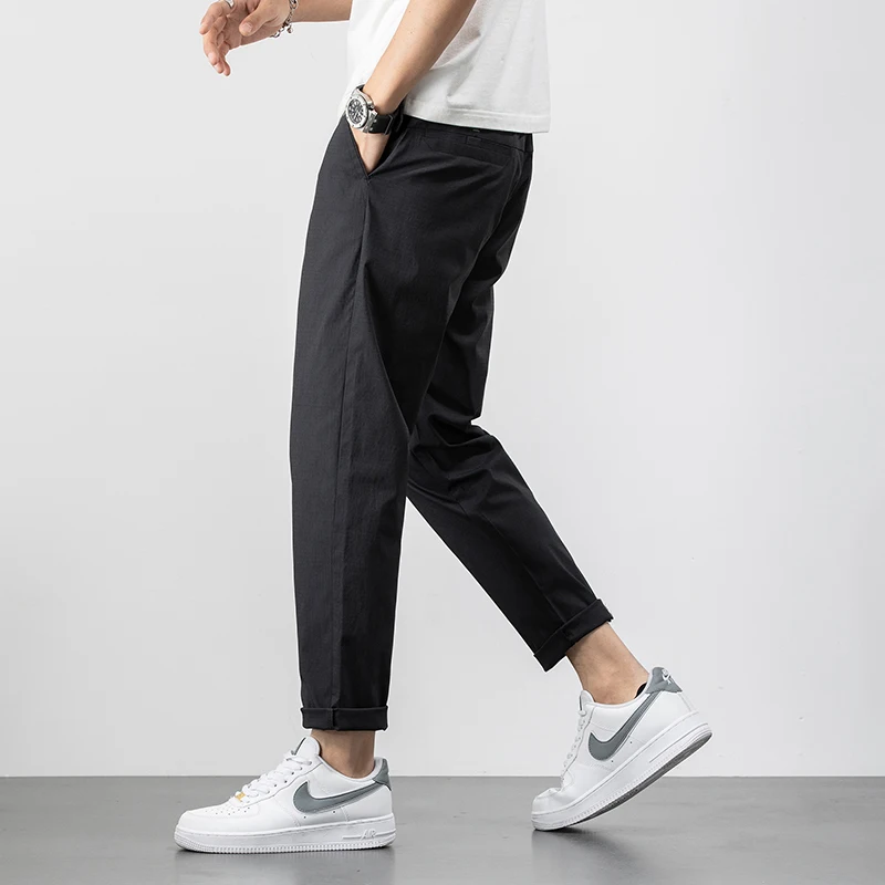 2024 New Summer Thin Ankle Length Pants Men Cotton Casual Pant Man Work Korean Breath Cool Solid Color Light Gray Trousers Male