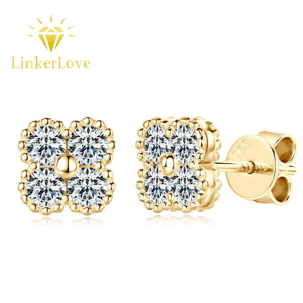 

LinkerLove Moissanite Four-leaf Clover Earrings for Women 18K Gold Plated 925 Sterling Silver Diamond Stud Earrings Fine Jewelry
