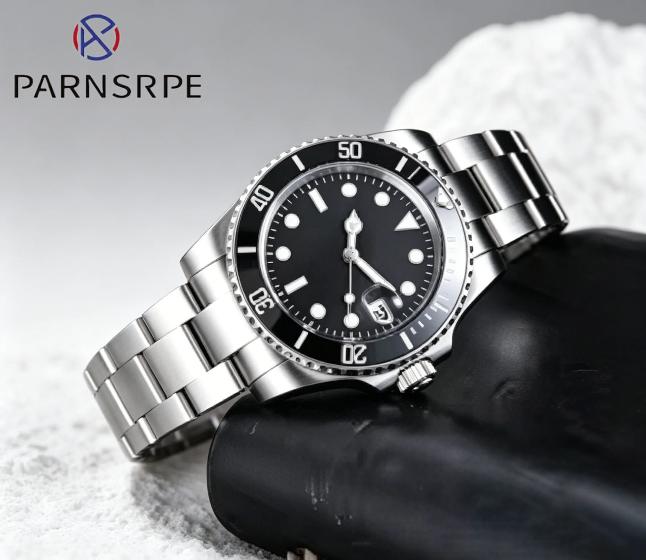 

PARNSRPE men's luxury automatic watch 40mm solid stainless steel case strap black surface leisure mechanical clock. 2813