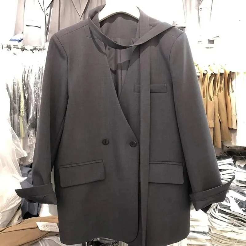 Koreańska czarna marynarka damska z długim rękawem, wiosenno-jesienna, wiązana, modna, luźna, codzienna, do pracy, elegancka odzież wierzchnia premium.