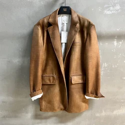 2024 Fall Winter High Quality Goatskin Leather Women Loose Vintage Suit Jacket Imported Goatskin Chic Female Casual Jackets