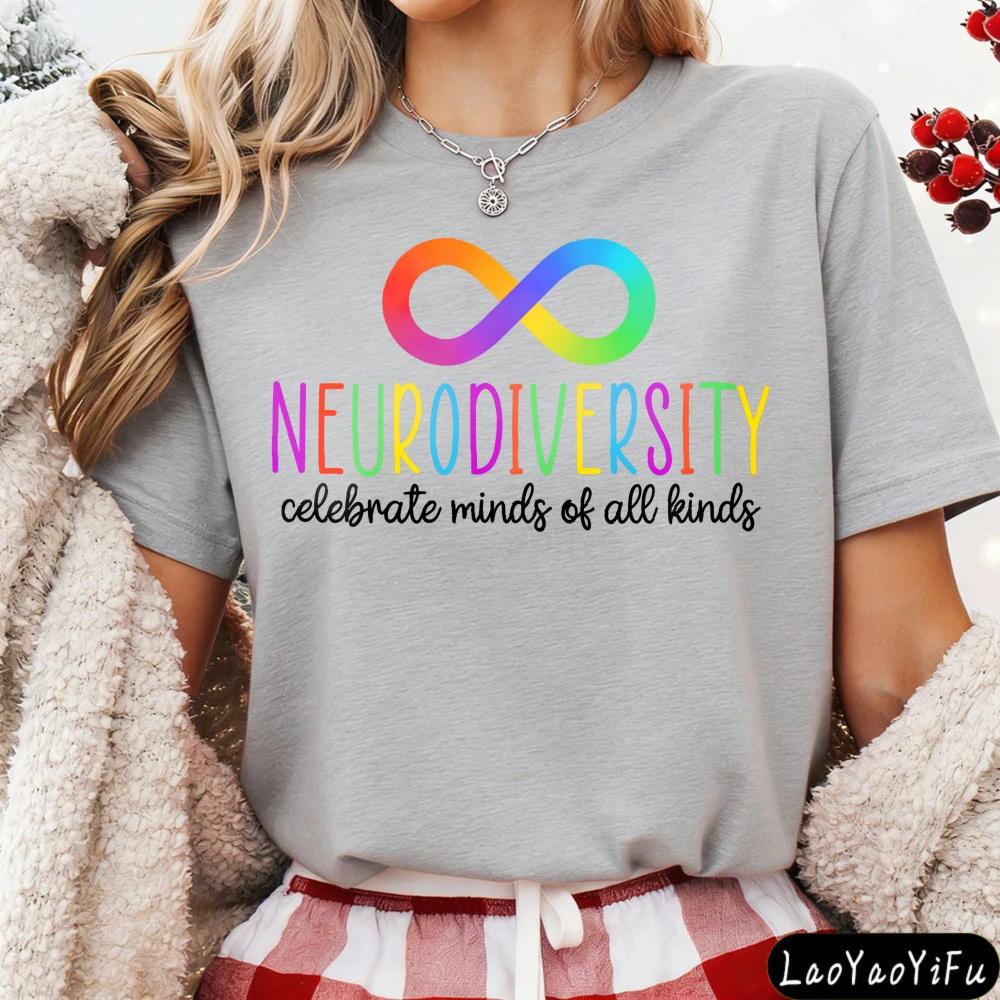 Neurodiversity Rainbow Infinity Symbol Women T-Shirt Casual Fashion Cotton Short Sleeve Summer Top for Autistic Awareness Gift