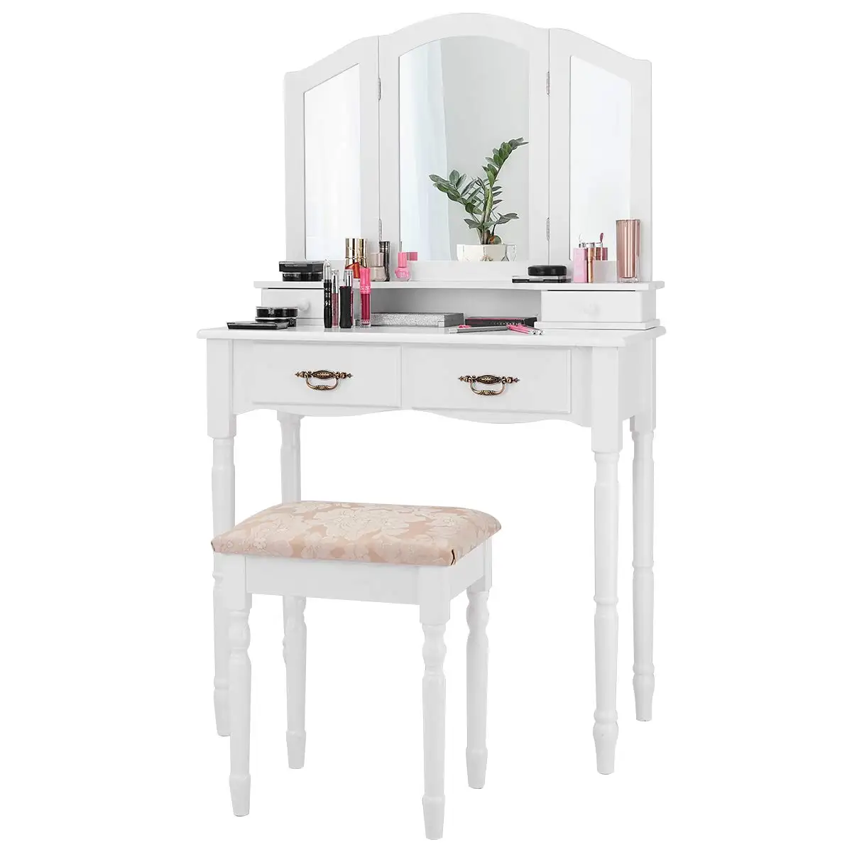 Vanity Set with Tri-Folding Mirror, Makeup Dressing Table with 4 Drawers and Storage Shelf, Modern Bedroom Bathroom, Customized