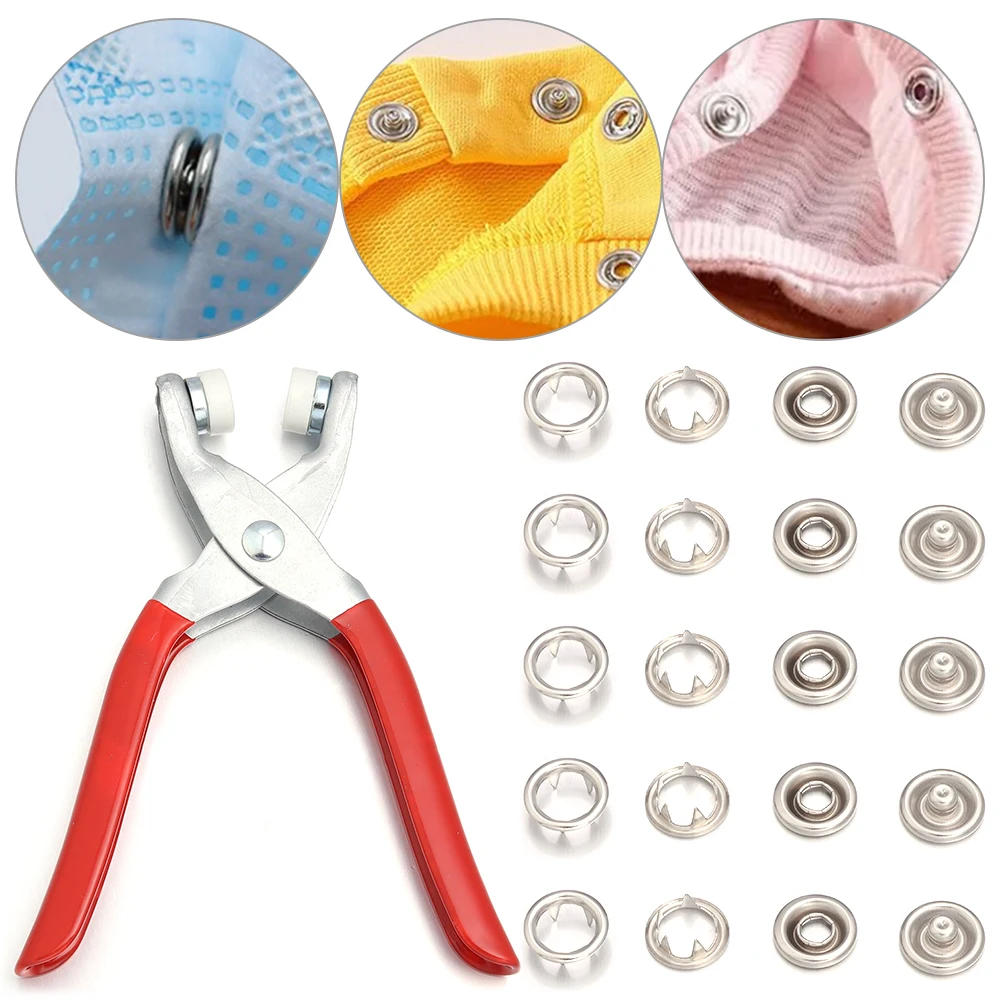 200Pcs Prong Rings 9.5mm Buckle Buttons Metal Colour Pliers Snap Button Claw DIY Set Hand Pressure Plier Rivet Buckle Sew Tool