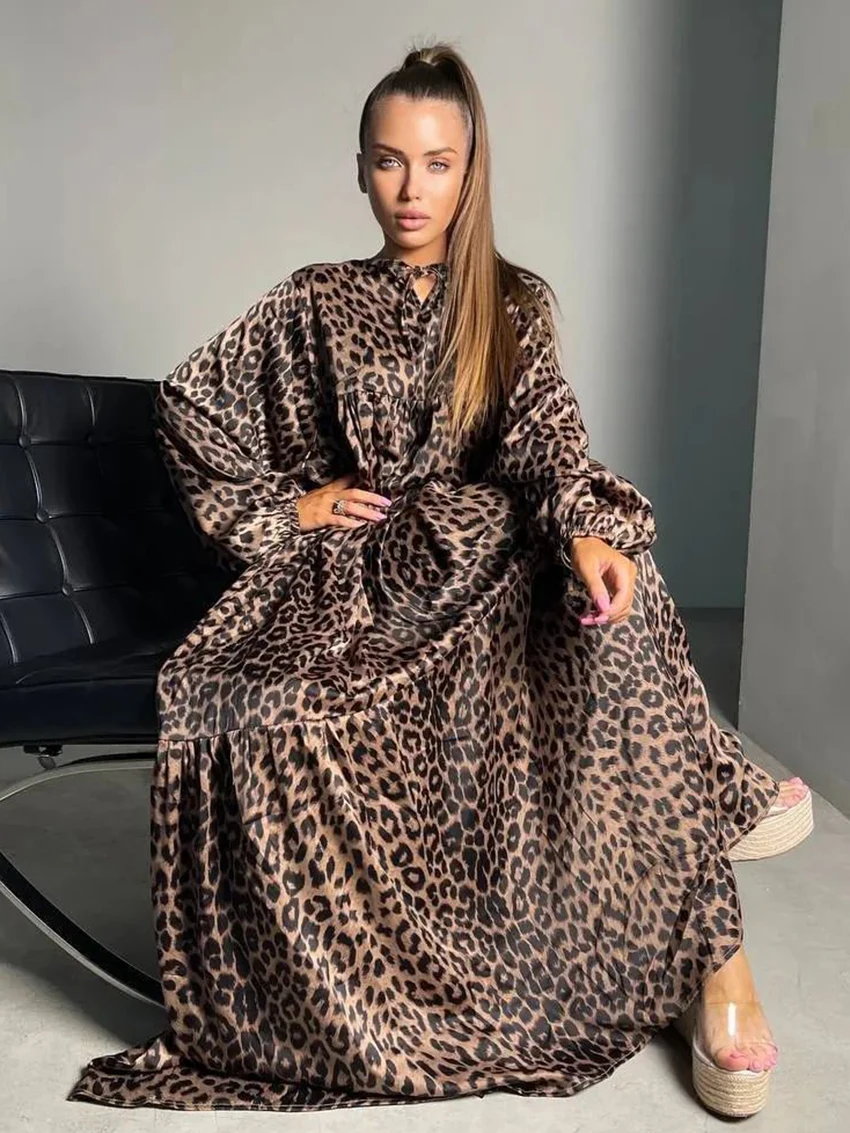 Marthaqiqi Leopard Print Female Sleepwear Long Sleeve Nightgowns O-Neck Nightwear Loose Floor-Length Dress Fashion Women Pajamas