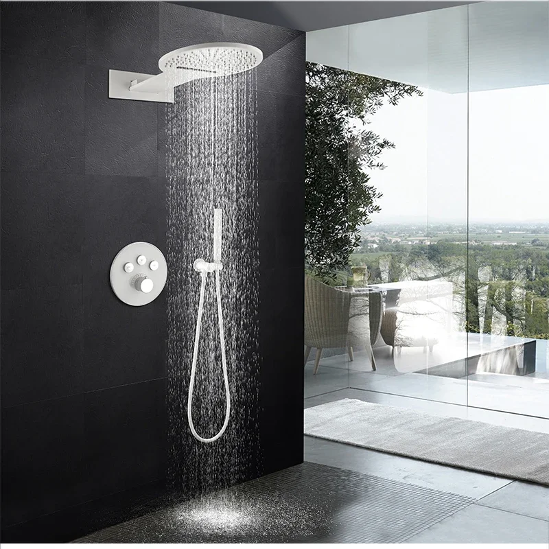 Rain And Waterfall Shower System Wall Mounted Shower Faucet Set  Matte White Thermostatic Shower System