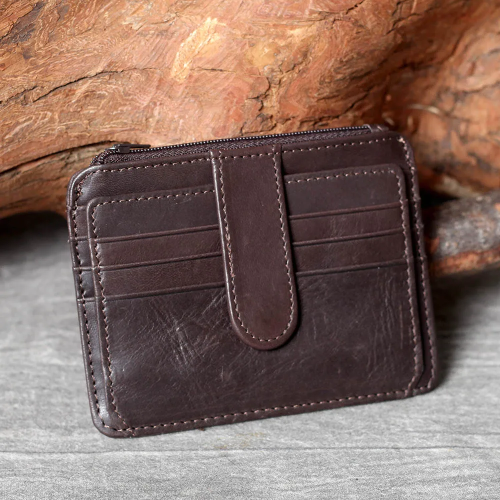 S.WORKER Handgefertigter Vintage-Kartenhalter aus echtem Leder, Vollnarbiges Rindsleder, Kleine Münztasche, Tragbare Tasche – Detail 19