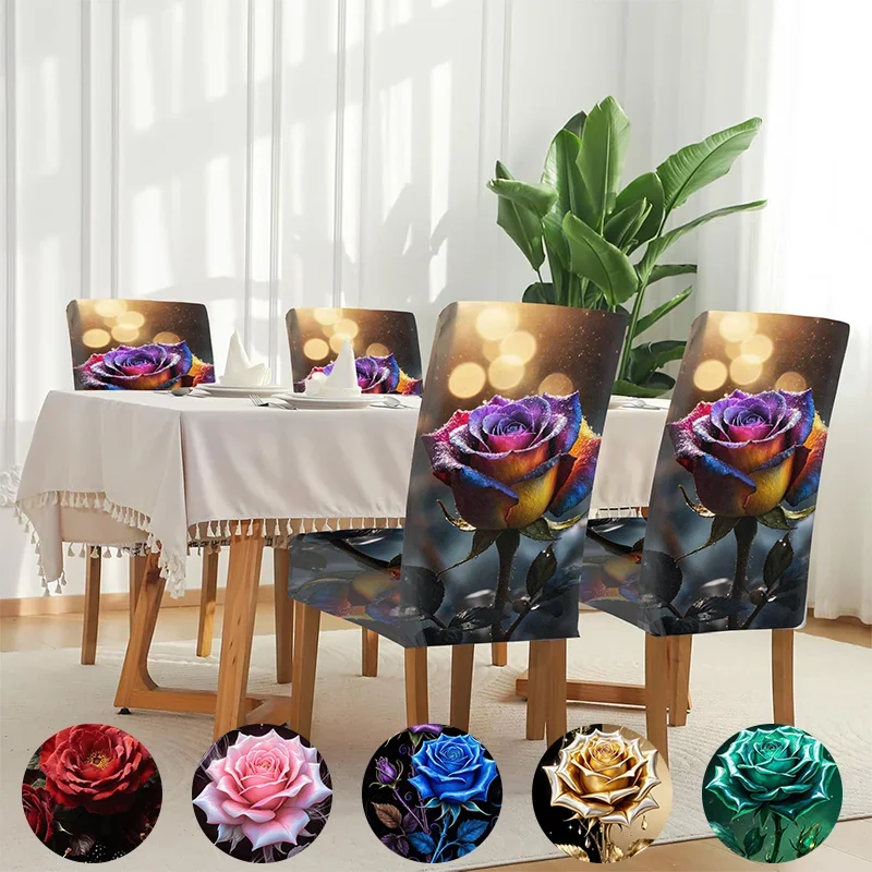 

Elastic dining chair cover Morning dew colorful rose art pattern removable, washable, home dining chair cover