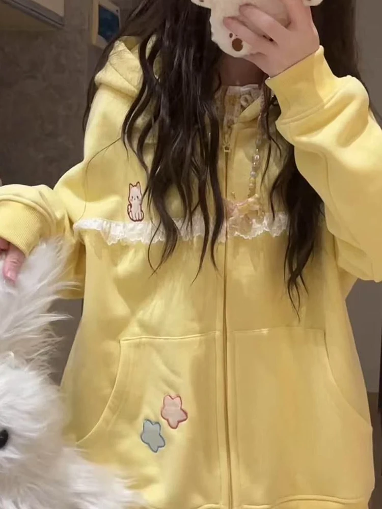 

Women Cute Cartoon Hoodies Vintage Lace Patchwork Loose Sweet Sweatshirts Fall Preppy Style Japan Pockets Lady Kawaii Tops