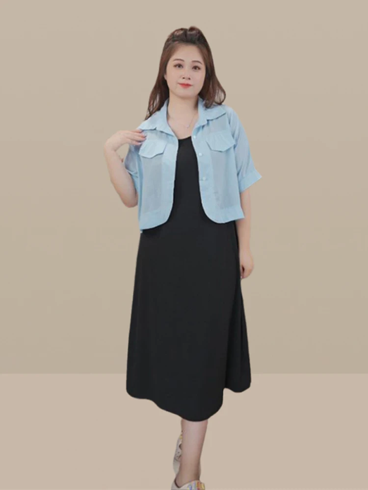 

plus Size Summer Shirt Jacket Vest Dress Two Piece Set Women Loose Short Sleeve Button up Fashionable plus Size Clothing