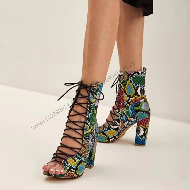 Mixed Color Print Hollow Design Ankle Boots Cross Tied Women Shoes Chunky High Heels Peep Toe Fashion 2023 Zapatos Para Mujere