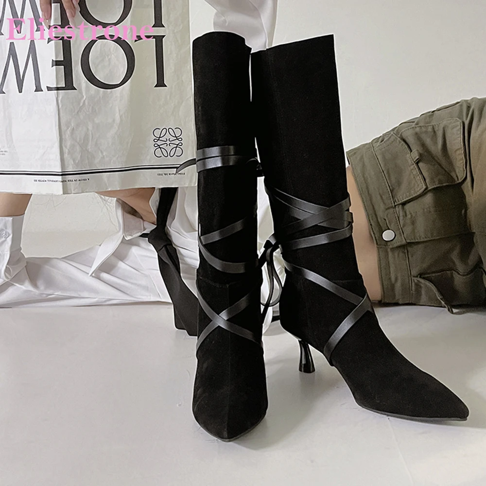

2025 New Winter Mature Black Khaki Women Knee High Boots Pointed Toe High Heels Lady Shoes Plus Small Big Size 10 32 44 46 48