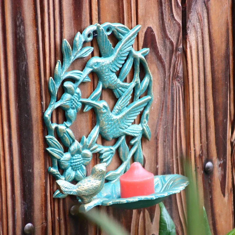 Vintage Gold Green Hummingbird Cast Iron Wall Mounted Bird Feeder Leave Storage Tray Plate For Home Garden Key Candle Holder