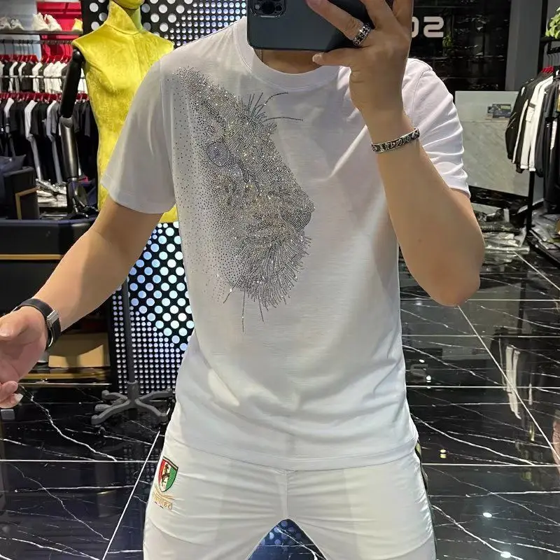 Summer New Round Neck Leopard Head Diamonds Pure Cotton T-shirt Male Short Sleeve Casual Fashion Pullover Top Men Streetwear Tee
