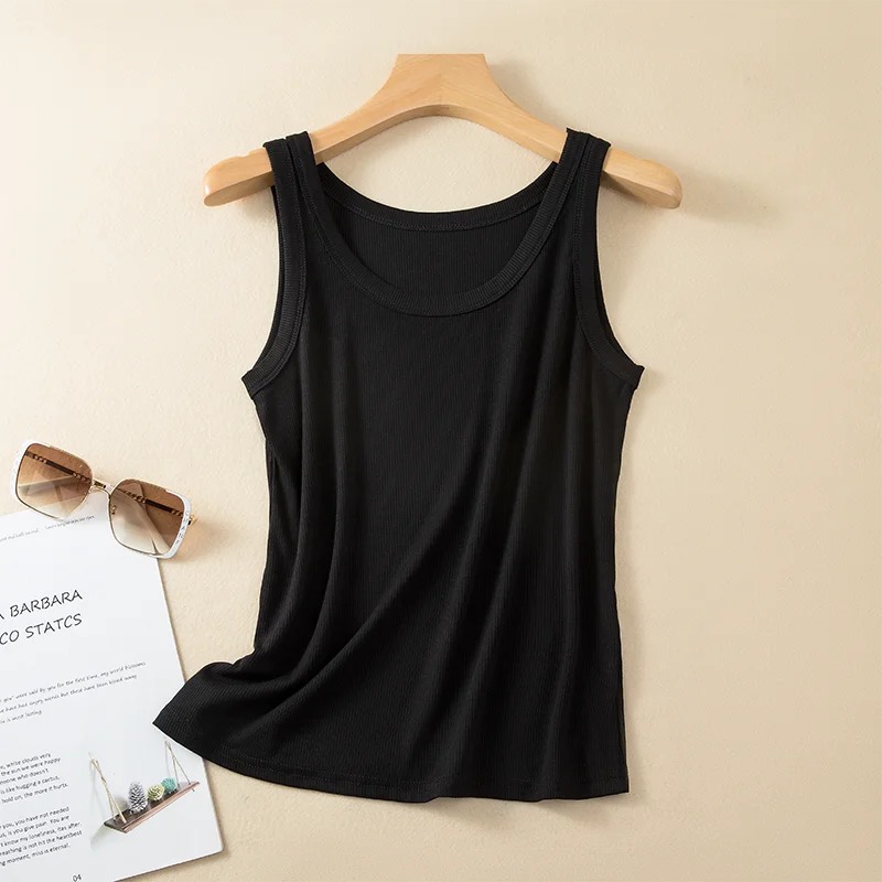 Slim Fit Thread Strap Vest Women's Sleeveless Inner Wear Base Shirt Pure Color Anti Light Conceal Side Breast Large Size Oute...