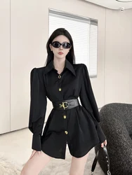 Spring Vintage Chiffon Shirts For Women Fashion Turn Down Collar Long Sleeve Casual With Belt Office Lady Elegant Top Female