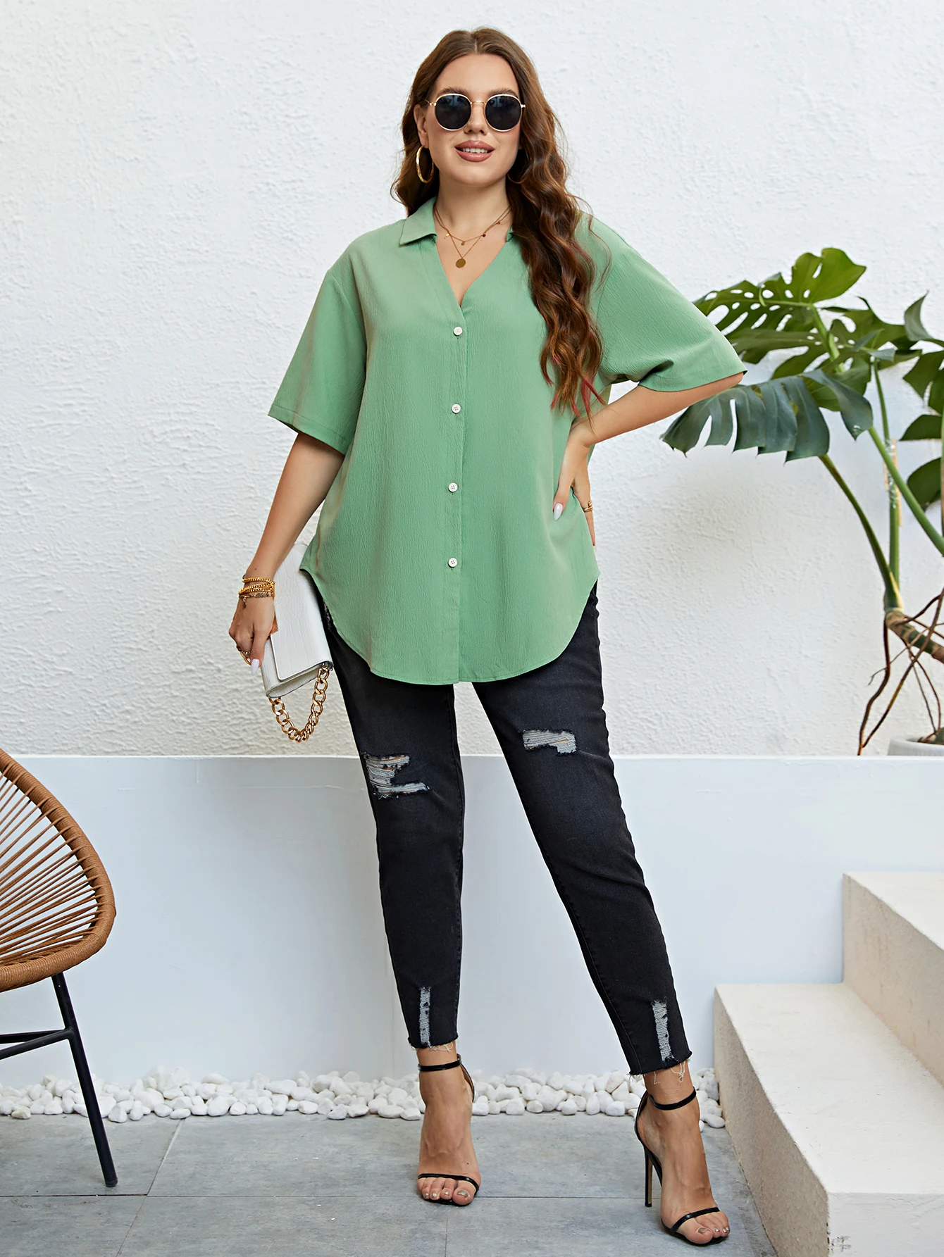 Women Korean Plus Size Shirt Short Sleeve Turn Down Collar Vacation Loose Blouse Office Lady Elegant Solid Casual Large Size Top