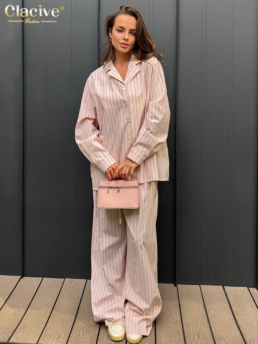 Clacive Fashion Loose Pink Stripe 2 Piece Set Women Elegant Long Sleeve Shirt With High Waist Wide Pants Set Female Streetwear