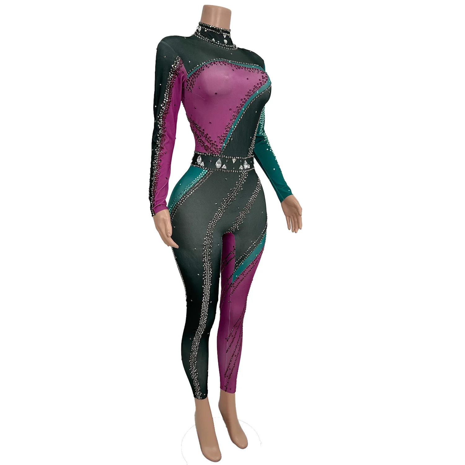 Zhuangse Color Blocked Women Jumpsuit High Elasticity Silver Rhinestone Tight Fitting High Neck Pants Bar Clothes Birthday Dress