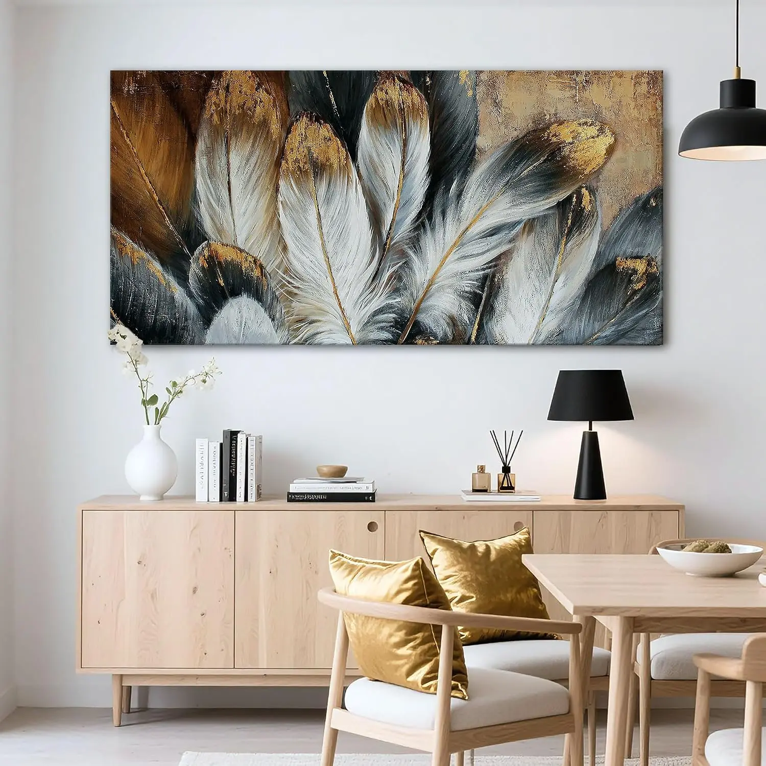 Large Feather Canvas Wall Art, Modern Print Artwork, White Gold and Brown Feather Picture, Ready‑to‑Hang One‑Piece Wall Decor for Living Room, Bedroom, Home Interior, 58
