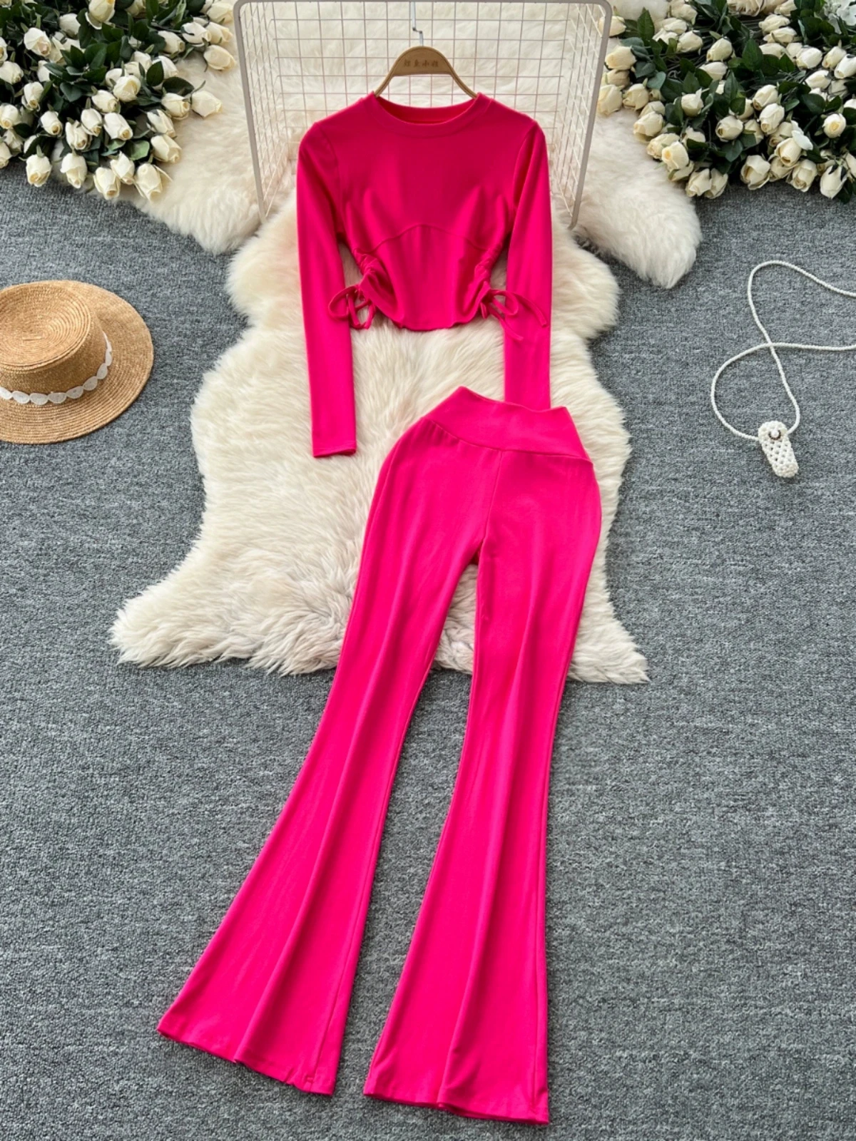 

Elastic Sportswear Two-piece Set On Both Sides Strap Slim-fit Short Long-sleeved T-shirt Bag Buttock Micro Pants