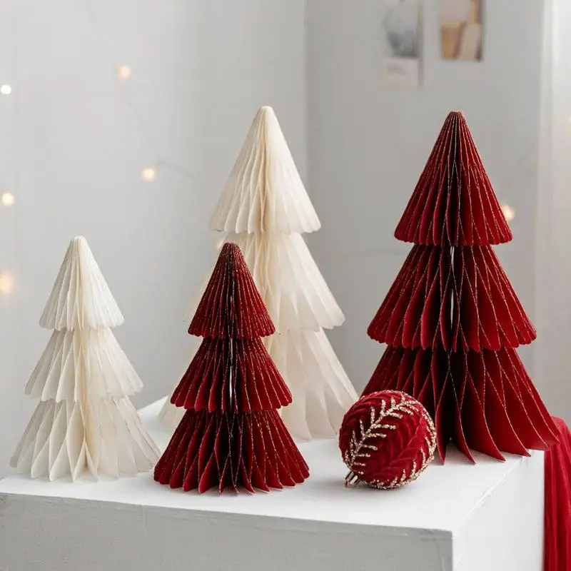 2Pcs Small Paper Christmas Tree Reusable Desktop 3D Paper Christmas Tree Multi-layer Table Centerpiece Decoration