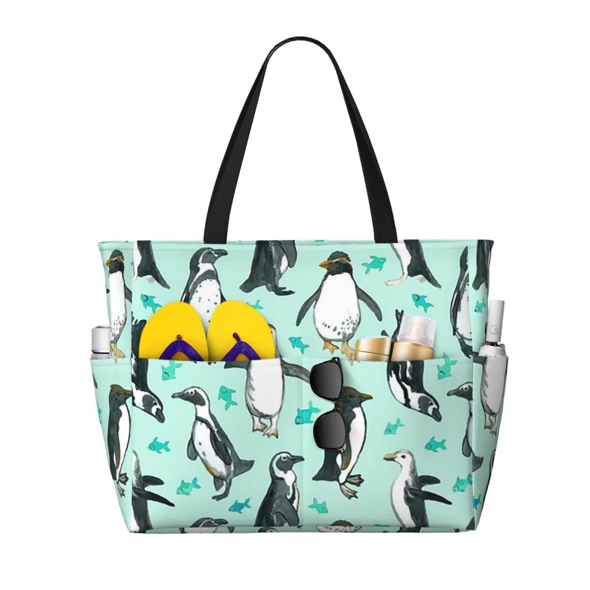 

Lots Of Little Penguins On Mint Beach Tote Bag Sport Gym Yoga Duffle Large Tote Bag Women Travel Bag Fitness bag