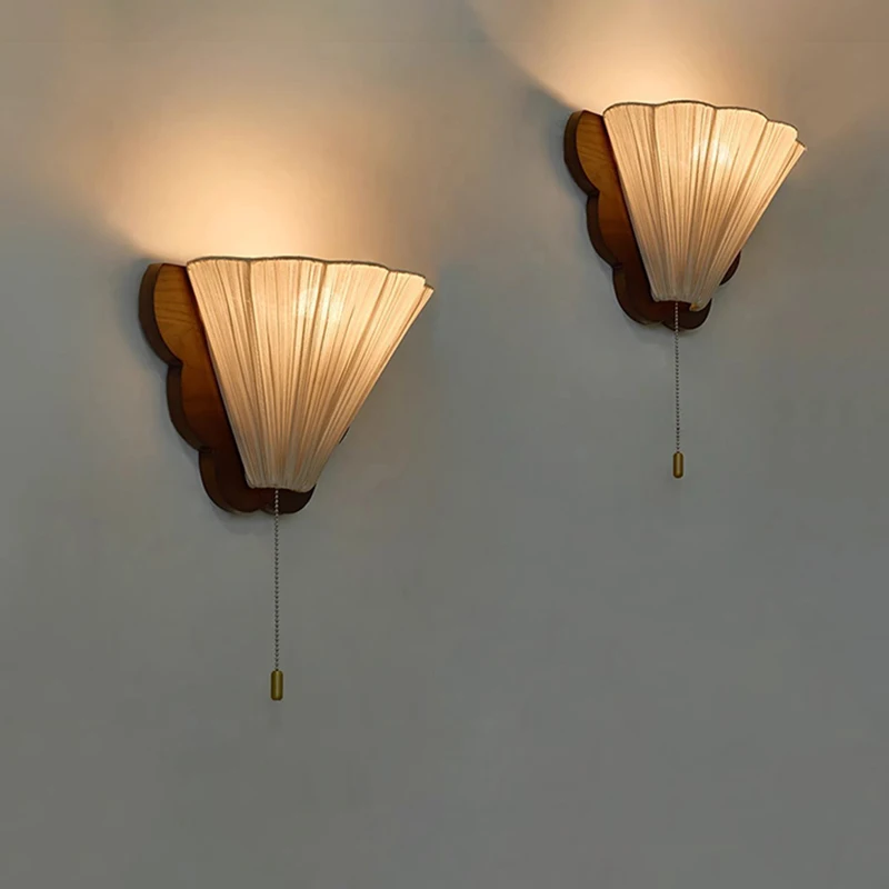 

French Retro Bedroom Bedside Wall Lamps Solid Wood Fabric Corridor Aisle Lamp Medieval Style Living Room Butterfly Wall Lights