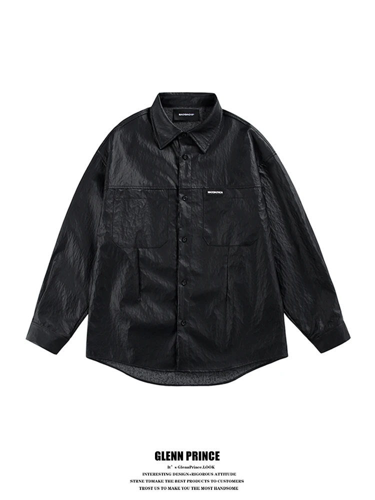 

GPstudio Retro Cool Long Sve PU Leather irt Мужская модная повседневная рубашка из искусственной кожи с текстурой, свободного кроя, для весны и осени