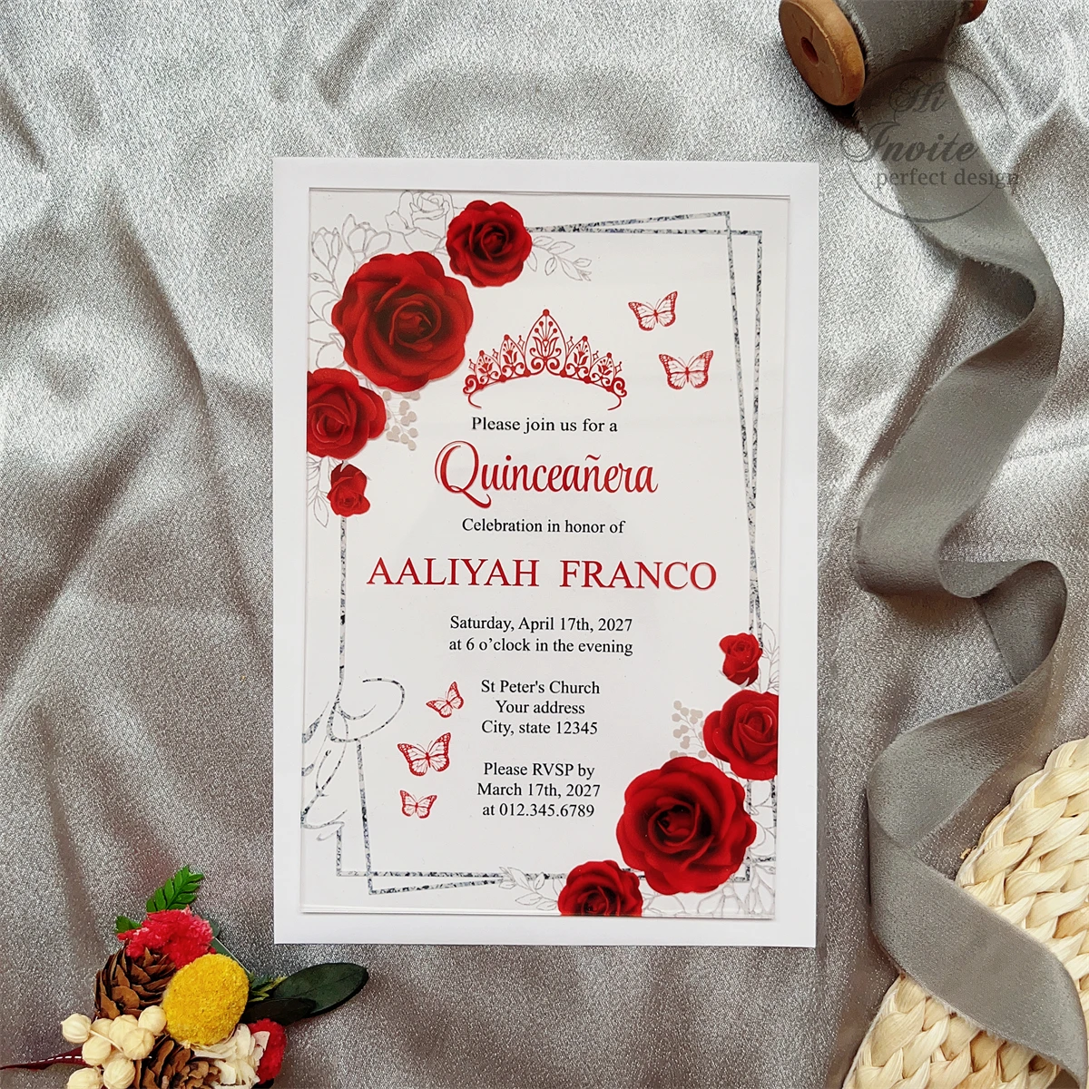 Gorgeous Red Rose and Silver Branch Sweet 15 Acrylic Invitation, Red Floral Quinceañera Acrylic Invite