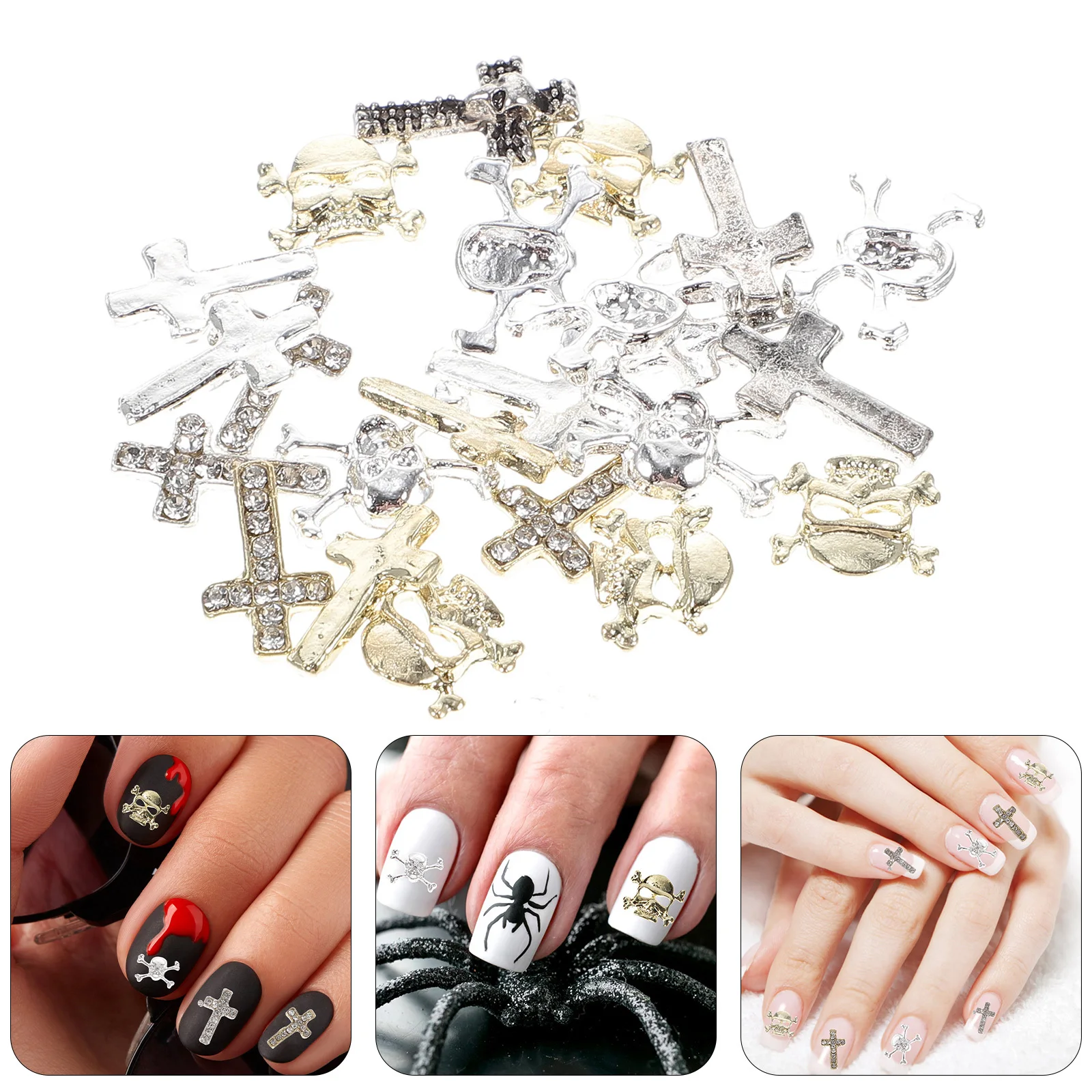 30Pcs Halloween Nail Charms Nail Art Skull Cross Studs Decorations Nails Supply for Salon Home Nails Supply