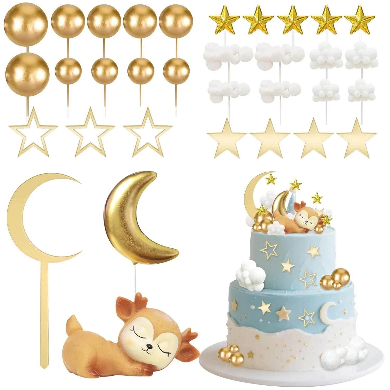 33Pcs Deer Moon Star Cake Toppers Birthday Cake Decorations with Moon Star Cloud for Baby Shower Birthday Party Supplies